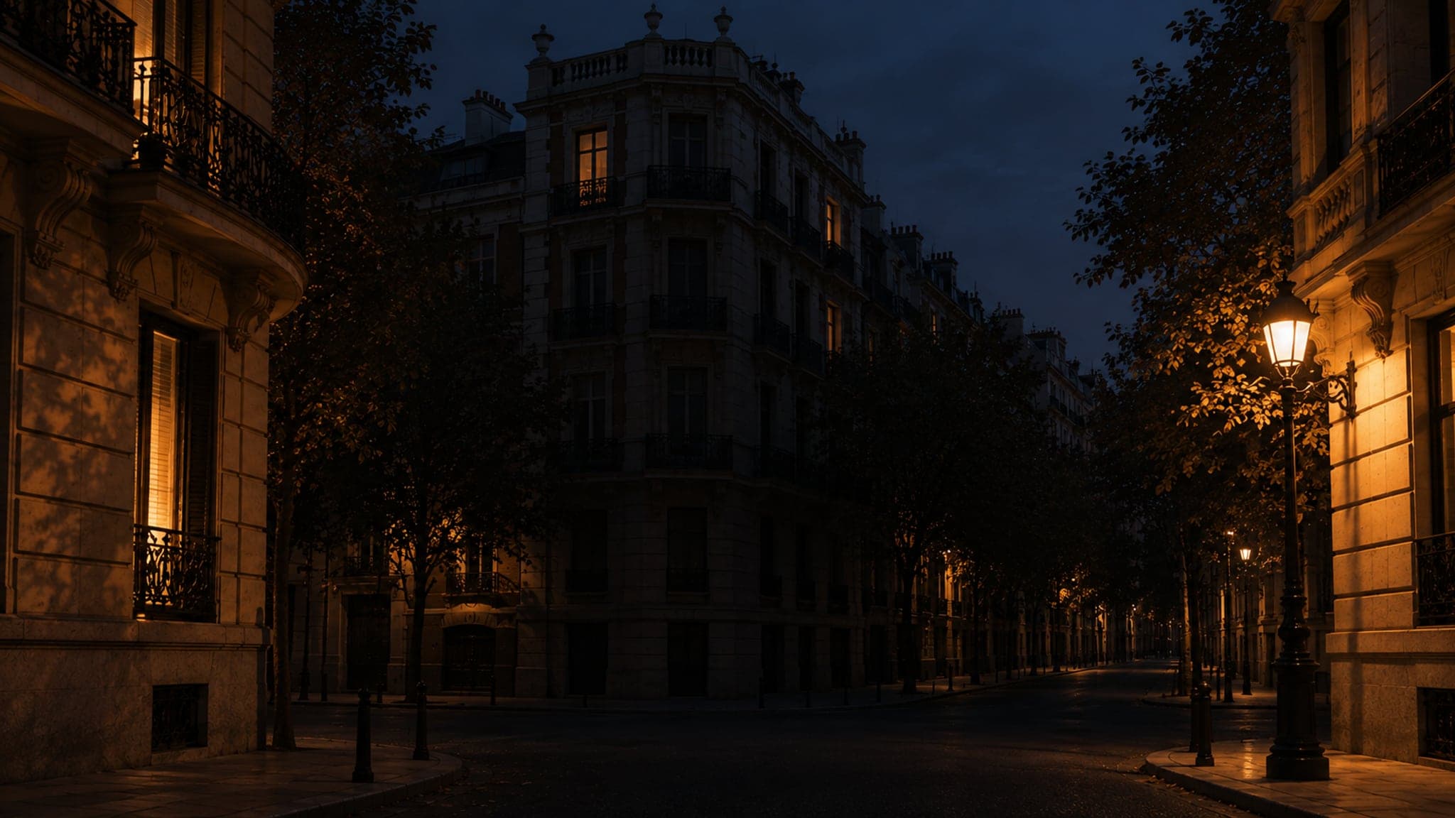 Esquina de calle señorial de Madrid en la hora azul, con las farolas encendidas
